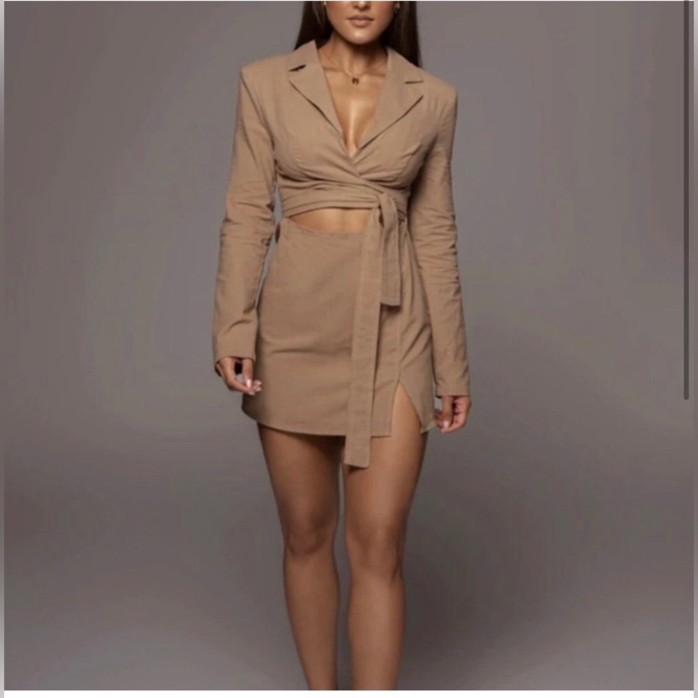 Jluxabel- TAN WRAP TIE BLAZER LINE DRESS